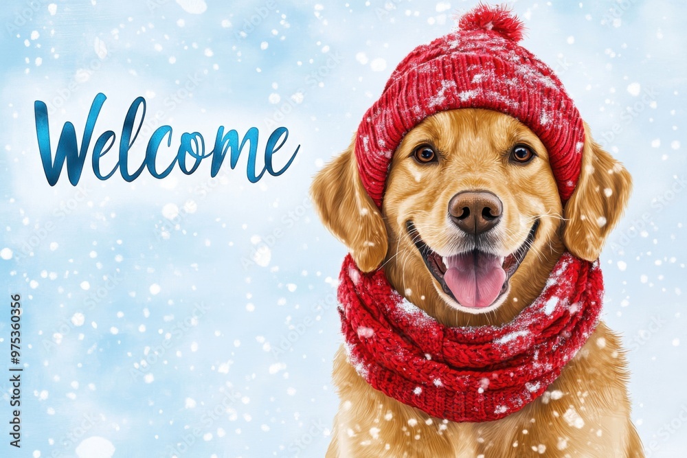 A cheerful dog in a cozy red hat and scarf, welcoming everyone amidst falling snowflakes. Perfect for holiday greetings, Christmas A cheerful dog in a cozy red hat and scarf, welcoming everyone amidst falling snowflakes. Perfect for holiday greetings, Christmas