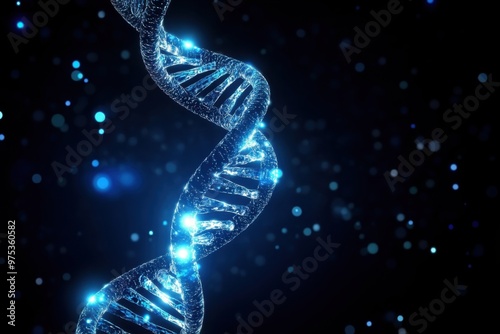 A stunning representation of a blue DNA strand glowing against a dark background, symbolizing genetics and molecular biology.