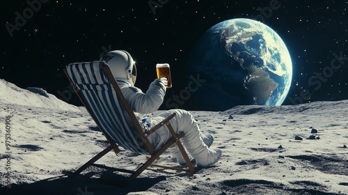 Back view of a lunar traveler relaxing on a beach chair and drinking a beer while giving a salute to Earth  photo