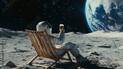Back view of a lunar traveler relaxing on a beach chair and drinking a beer while giving a salute to Earth 
