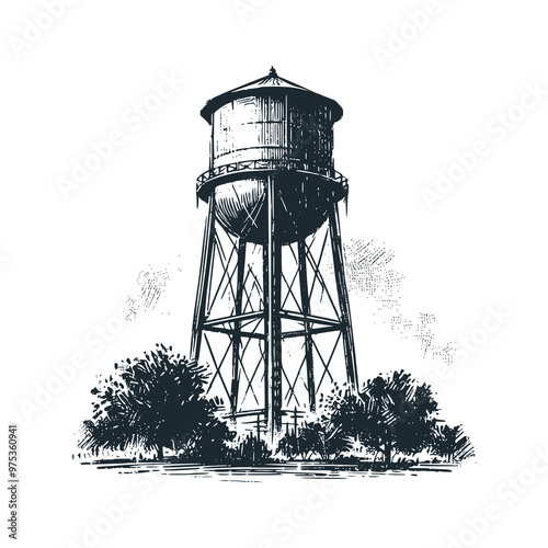 The water tower. Black white vector logo illustration. Isolated on white background