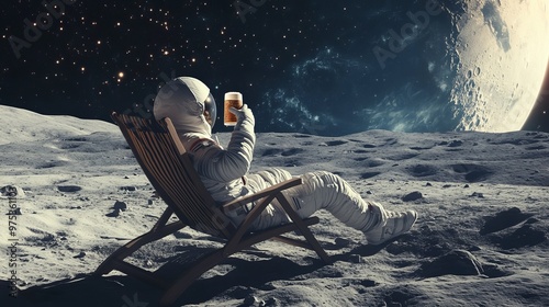 Back view of a lunar traveler relaxing on a beach chair and drinking a beer while giving a salute to Earth 