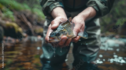 Focus on the fresh fish that the fisherman holds in his hand. While standing in a shallow stream