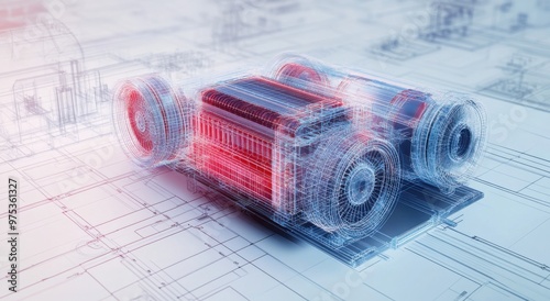 Wireframe of an EVs regenerative braking system with cooling fan designs and electrical distribution box details, Created with Generative AI. photo