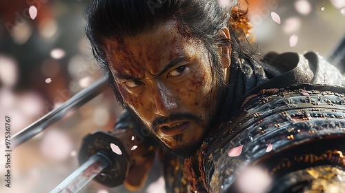 Samurai warrior with a bloody face and a katana sword, cherry blossoms falling around him