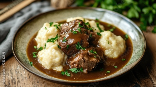 A comforting dish of boiled beef with fluffy dumplings and a drizzle of rich sauce, served on a rustic plate with fresh parsley.