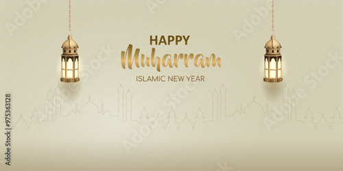 happy muharram islamic new year banner design with two gold lantern