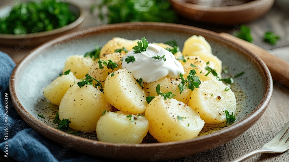 A comforting plate of boiled potatoes, topped with a dollop of sour cream and sprinkled with fresh parsley, served on a rustic plate. A comforting plate of boiled potatoes, topped with a dollop of sour cream and sprinkled with fresh parsley, served on a rustic plate.