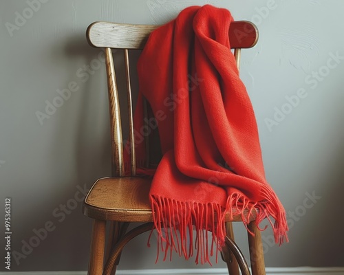 A minimalist shot of a single, red woolen scarf draped over a wooden chair photo