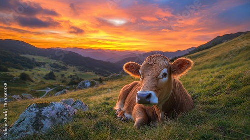 A cow from the Asturian Mountain breed rests on the grass as the sunset colors paint the sky in a national park, capturing natureaes calm beauty. photo