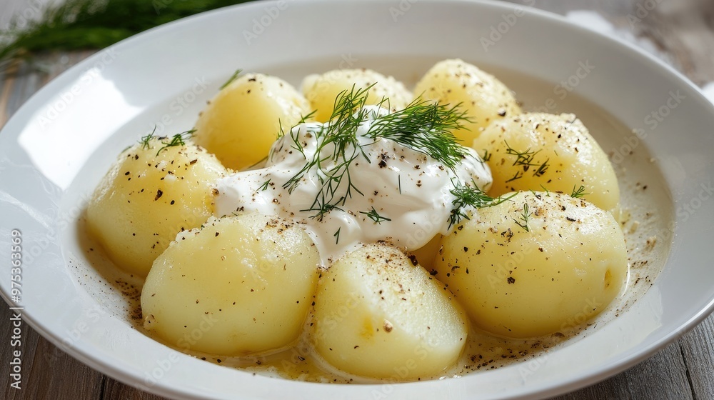A cozy dish of boiled potatoes, topped with sour cream and garnished with fresh dill, served on a white ceramic plate.