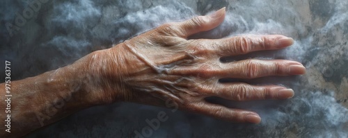 An elderly hand with visible wrinkles and textures, symbolizing wisdom, age, and the passage of time against a textured background. photo