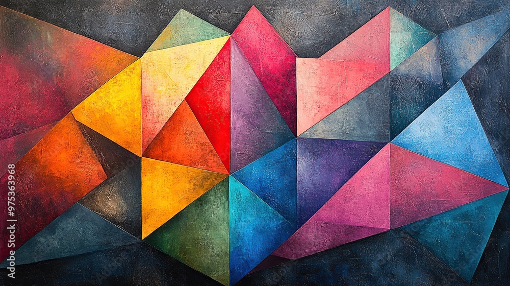 Fototapeta premium Abstract geometric painting with vibrant colors and textured brushstrokes.