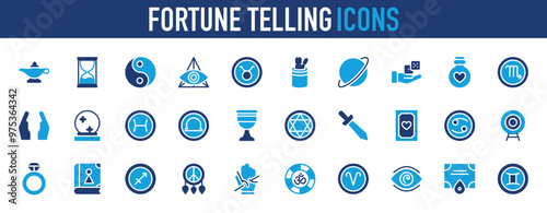 Fortune Telling icons set. Magic Lamp, Hourglass, Yin Yang, Magic Ball, Magic Trick, Magic Potion, Hands, Scorpio, Star Pentagon, Kau Chim, Pisces, Libra, Goblet, Word, Pyramid, Cards, Cancer vector.
