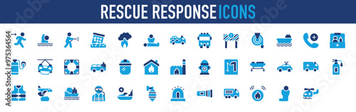 Rescue Response icons set. Exit, Drowning, Water Pipe, CPR, Natural Disaster, Smog, Tow Truck, Emergency Truck, Police Car, Fire Truck, Burning, Fire 
 vector. 
