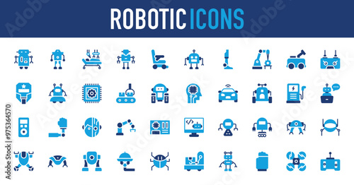 Robotic icons set. Robotic Surgery, Space Explorer, Robotic Hand, Humanoid, Quadcopter, Machinery, Petrol Station, Handicap, Droid, Spider, Setting, Controller Pad, Robot Mask, Machine  vector. 