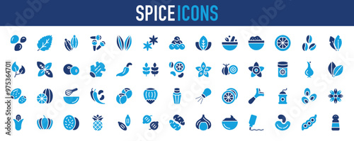 Spice icons set. Sesame, Peppermint, Mint, Cloves, Cardamom, Seeds, Anise, Black Pepper, Spices, Pestle, Turmeric, Wheat, Vanilla, Leaves, Anise, Green Onion, Bayleaf, Star, Lemon Slice vector. photo