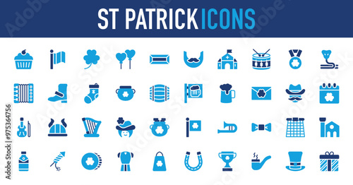 St Patrick icons set. Country Flag, Trophy, Muffin, Clover, Beard, Heart Balloon, Church, Drum, Medal, Snake, Accordion, Boot, Socks, Pot, Barrel, Board, Beer Mug, Invitation, Man, Calendar, vector.