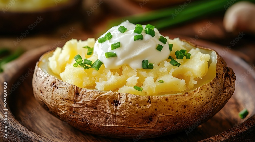 A perfectly baked potato sliced open, topped with melting butter and a generous dollop of sour cream, garnished with fresh chives, served on a rustic wooden plate A perfectly baked potato sliced open, topped with melting butter and a generous dollop of sour cream, garnished with fresh chives, served on a rustic wooden plate