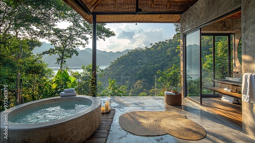 A luxury bathroom on a private balcony, with sweeping views of the sea and forested mountains. photo