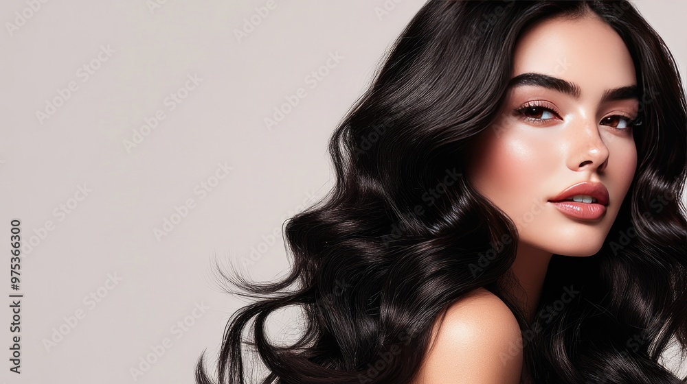 Naklejka premium Gorgeous dark-haired model with glossy waves, perfect for beauty, fashion,