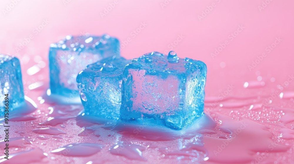 A playful arrangement of blue ice cubes with droplets on a pink surface, perfect for a bright and refreshing visual.