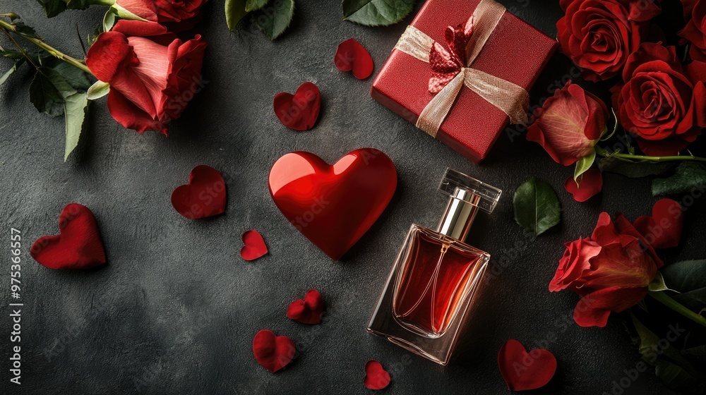 A romantic flat-lay featuring a perfume bottle, red heart, roses, and a wrapped gift box, symbolizing Valentine's Day love and elegance A romantic flat-lay featuring a perfume bottle, red heart, roses, and a wrapped gift box, symbolizing Valentine's Day love and elegance