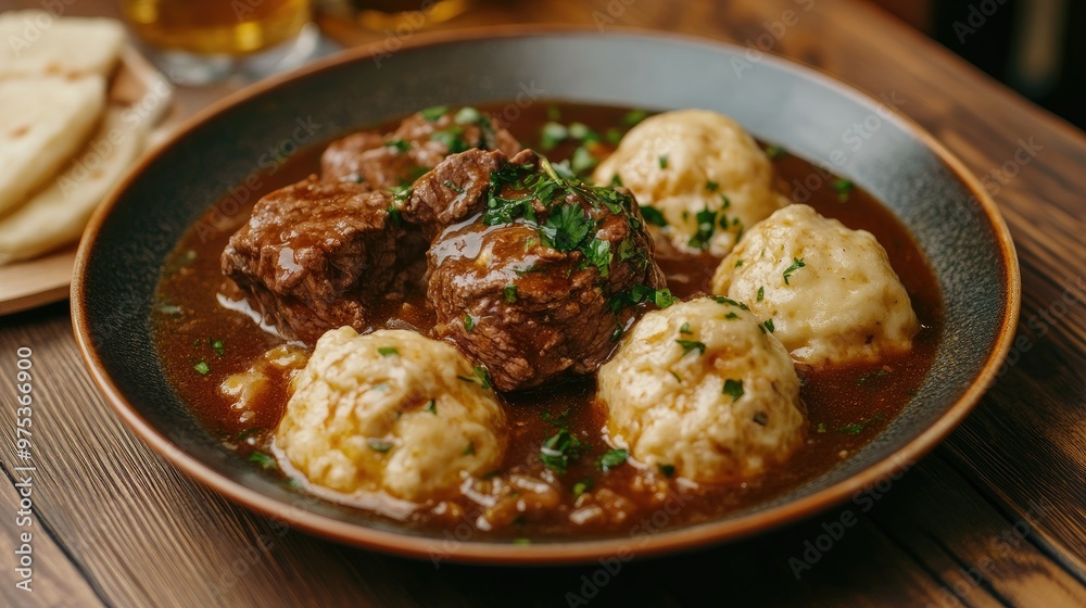 A rustic plate of boiled beef, fluffy dumplings, and a rich sauce, garnished with fresh herbs. A perfect meal for a cozy dinner.