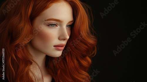 Gorgeous redhead with wavy, lustrous hair, exuding elegance and style, perfect for beauty and fashion-themed advertising