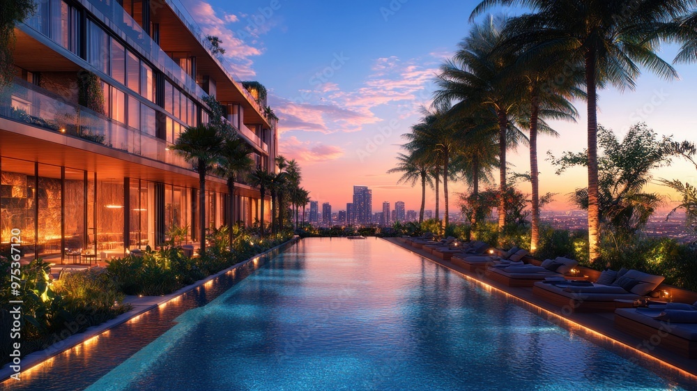 Fototapeta premium Luxurious poolside view at sunset with city skyline backdrop.
