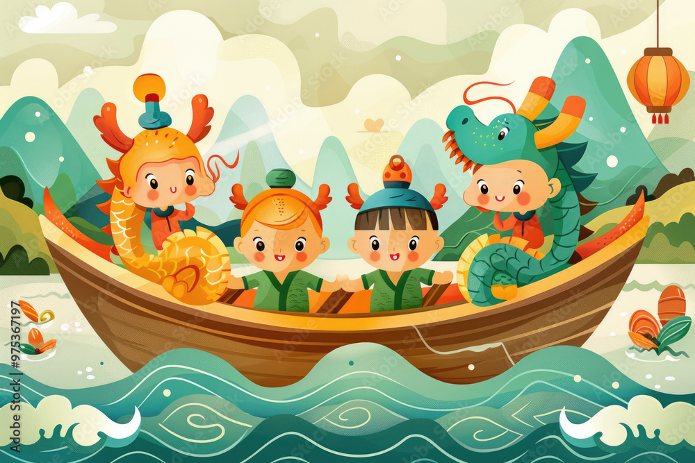 Obraz premium Illustration of Loong Boat Competition, a traditional Chinese festival