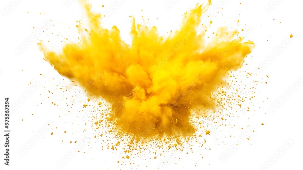 A vibrant yellow powder explosion captured against a stark white background. The powder is in mid-air, creating a cloud of yellow dust and smaller particles. A vibrant yellow powder explosion captured against a stark white background. The powder is in mid-air, creating a cloud of yellow dust and smaller particles.