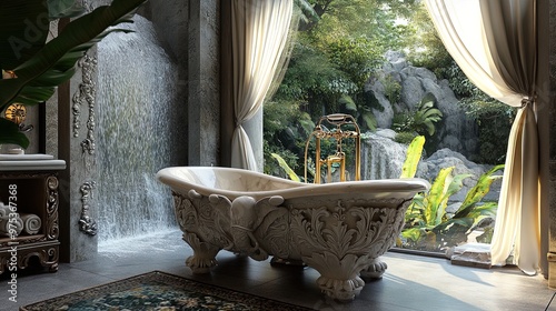 Elegantly Crafted Elephant-Themed Bath Setup: A Stunning Poster for Sports Interiors, Showcasing a Luxurious Tub with Waterfall Views and Lush Foliage photo