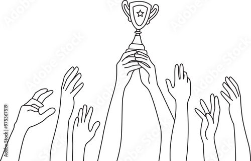 Many hands raised up. Winner is holding trophy in hands, line art vector.