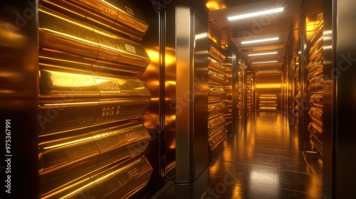 A secure vault with high stacks of gold bars, glistening under bright light. The polished gold surfaces symbolize wealth and financial power photo