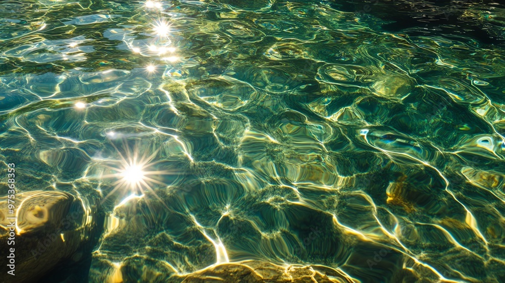Fototapeta premium A mesmerizing view of sunlight glimmering on clear water, showcasing beautiful reflections and ripples over smooth rocks.
