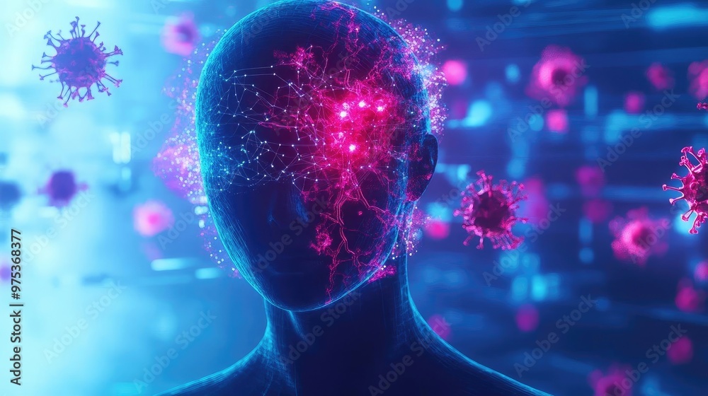 A digital representation of a human figure with a glowing, abstract head surrounded by virus particles in a vibrant color palette.