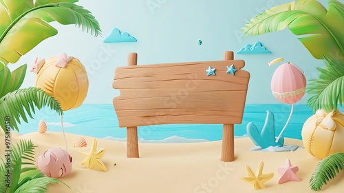 A 3D rendering of a wooden sign on a beach with palm trees, seashells, starfish, and clouds in a cartoon style.