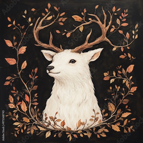 A beautiful illustration of a white deer surrounded by autumn leaves, showcasing elegance and natural beauty in a whimsical design. photo