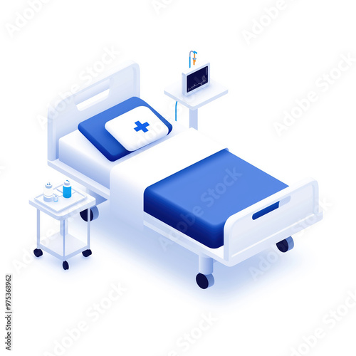 Isometric illustration of a hospital bed. Modern medical equipment and a clean bed setup for patient care in a healthcare facility.