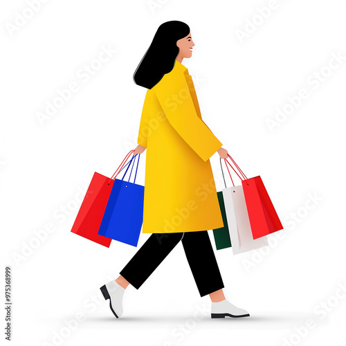 Young woman in a yellow coat joyfully carrying multiple colorful shopping bags, isolated on a white background. Concept of shopping and retail therapy.