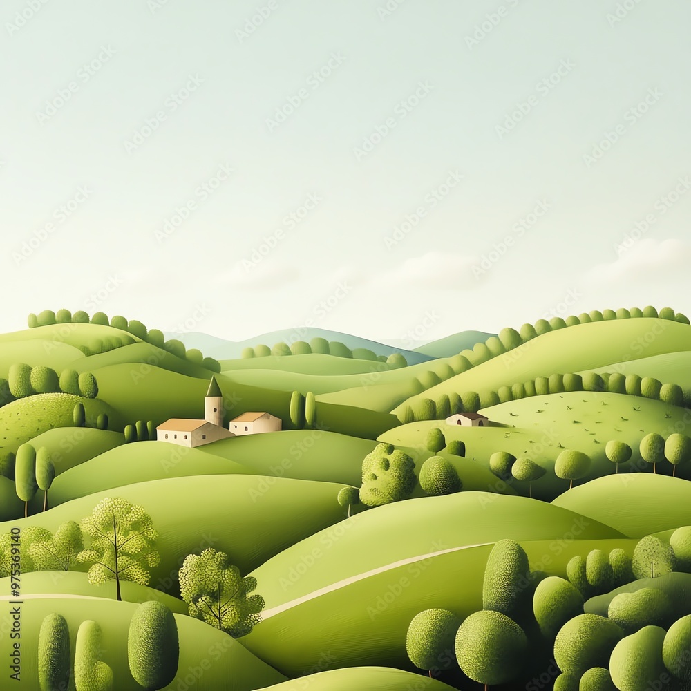 Obraz premium A serene landscape featuring rolling green hills, dotted with charming cottages and lush trees under a clear sky.
