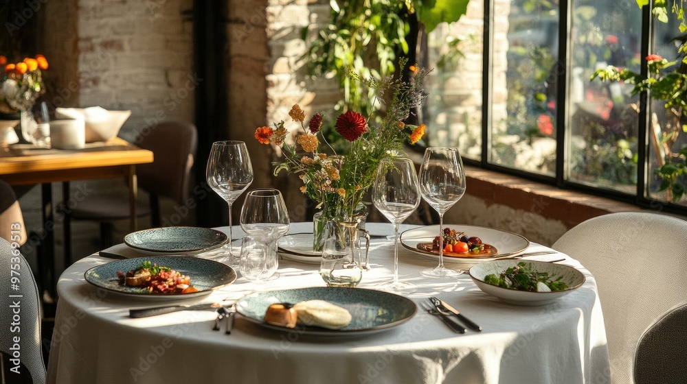 A beautifully set table in a modern restaurant with plates, cutlery, glasses, and flowers. The table is set for a fine dining experience, with a white tablecloth and napkins. A beautifully set table in a modern restaurant with plates, cutlery, glasses, and flowers. The table is set for a fine dining experience, with a white tablecloth and napkins.