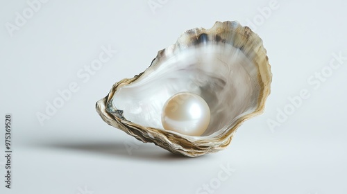 A single pearl shining within the soft, iridescent nacre of an oyster shell, close-up shot on a minimalist white background.