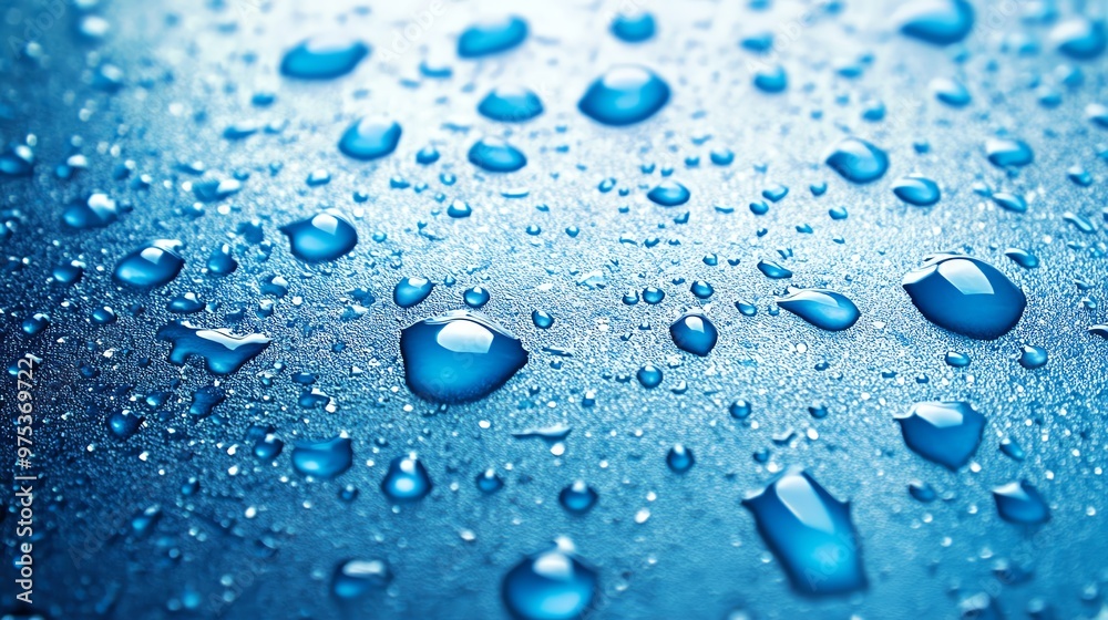 Close-up of water droplets on a smooth surface, showcasing their clear texture and vibrant blue background. Close-up of water droplets on a smooth surface, showcasing their clear texture and vibrant blue background.