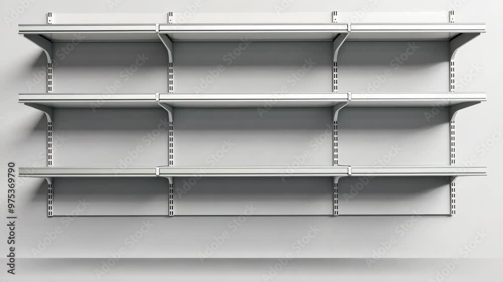 Empty retail display shelves in a modern store setting ready for new products Empty retail display shelves in a modern store setting ready for new products