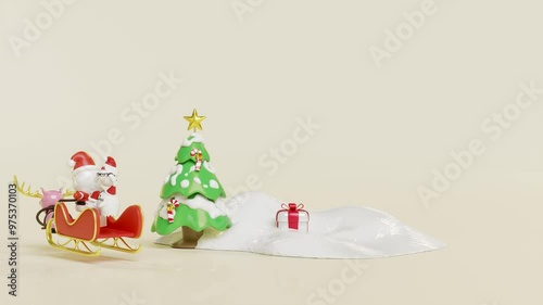 3d open gift box with santa claus and cute monster friends, reindeer, sleigh, pine tree isolated on cream color background. merry christmas, happy new year, 3d render illustration, alpha channel photo