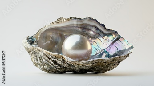 A smooth, radiant pearl sitting within an open oyster shell, with the iridescent nacre and pure white background capturing the essence of wealth and luxury. photo