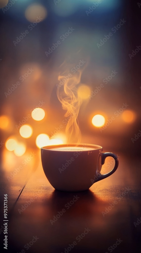 Steaming coffee cup on wooden table with warm bokeh lights, cozy atmosphere concept Steaming coffee cup on wooden table with warm bokeh lights, cozy atmosphere concept