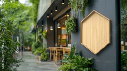 Modern Cafe Shop Exterior with Wooden Sign
